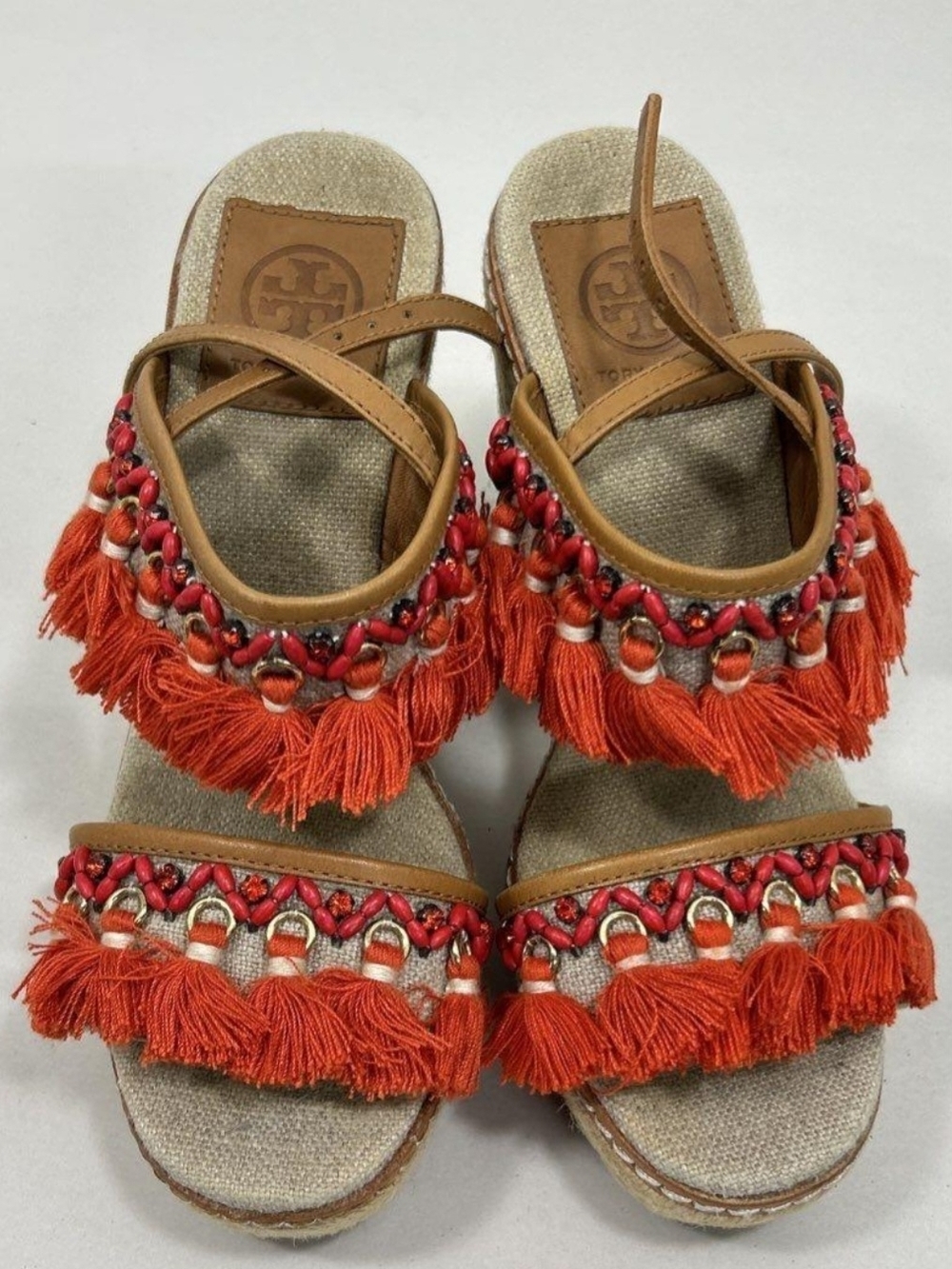 Tory Burch Orange Tassel Beaded Espadrille Sandals
